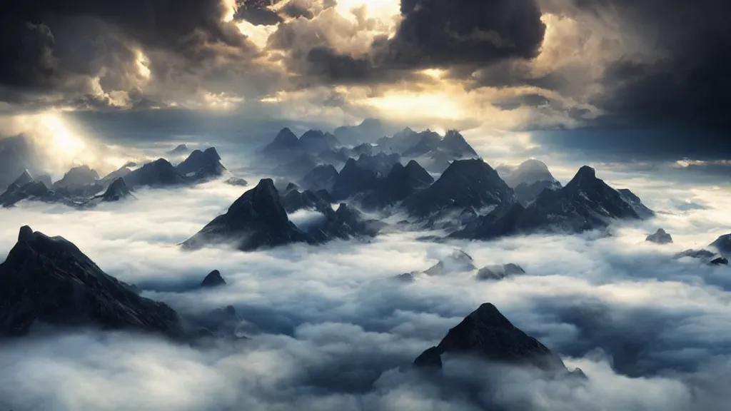 Image similar to amazing landscape photo of a sky island over the clouds by marc adamus, beautiful dramatic lighting