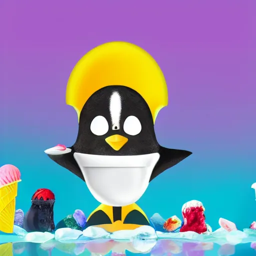 Prompt: wonderful cute penguin eating ice cream, portrait, sharp focus, colourful nature background, vivid colours, highly detailed, 4 k