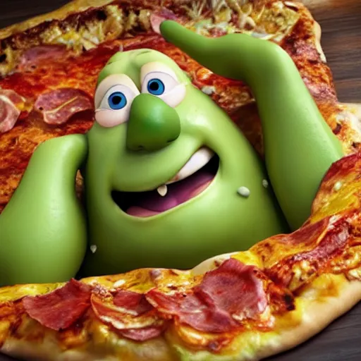 Image similar to cabbage character and king with crown, cooking pizza in a wood fired oven, highly detailed 3 d render, funny, pixar