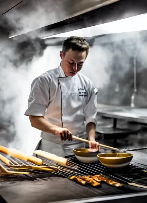 Image similar to a 2 8 mm macro photo from the back of a yakitori chef elon musk cooking in a commercial kitchen, splash art, movie still, bokeh, canon 5 0 mm, cinematic lighting, dramatic, film, photography, golden hour, depth of field, award - winning, anamorphic lens flare, 8 k, hyper detailed, 3 5 mm film grain