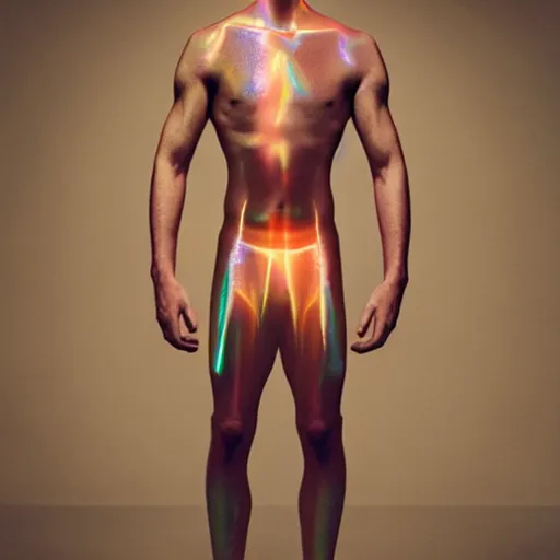 Image similar to an holographic athletic male ghost, photographed by erwin olaf