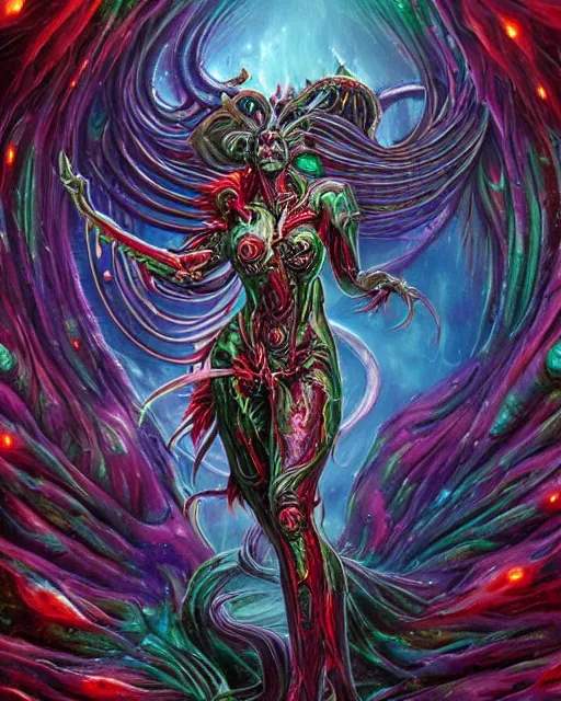 Prompt: silver mechanical charred bloody fleshmetal cyborg daemonhost woman psychedelic flamer of tzeentch with extra arms, blue and green rainbow fire, by antonio j. manzanedo, alex grey, android jones, wayne barlowe, raymond swanland, cyril rolando, josephine wall, harumi hironaka, cronenburg, trending on artstation