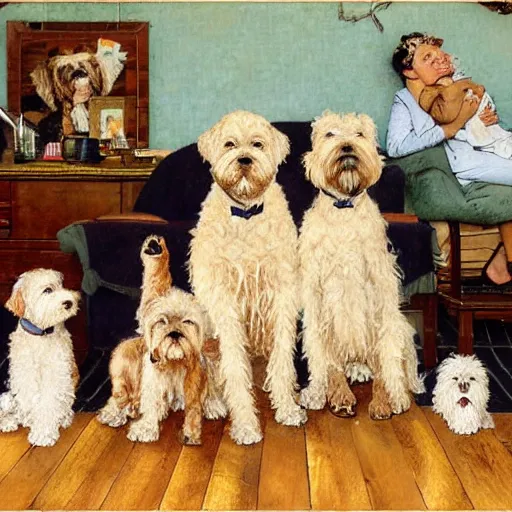 Prompt: a wheaten terrier family in the style of norman rockwell