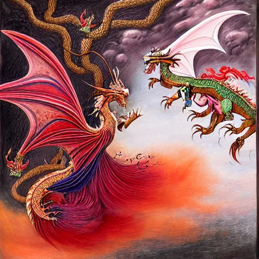 Prompt: miniature painting of a dragon fighting a woman, red+velvet+pink+orange+white colors, by Mahmoud Farshchian, intricate, insane detailed, very detailed