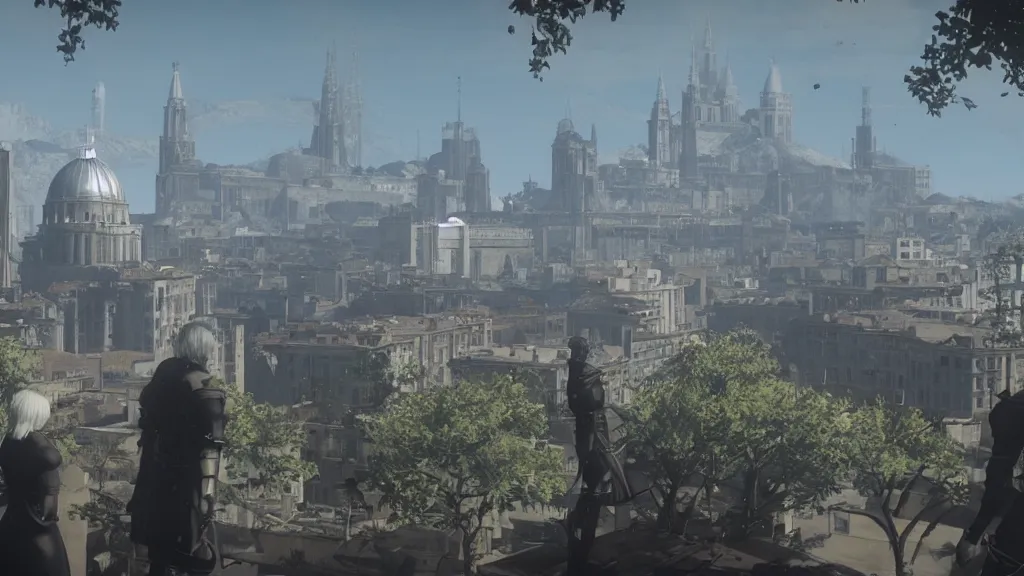 Image similar to Screenshot from Nier Automata in Marseille. In the background there is the basilica Our Lady of the Guard