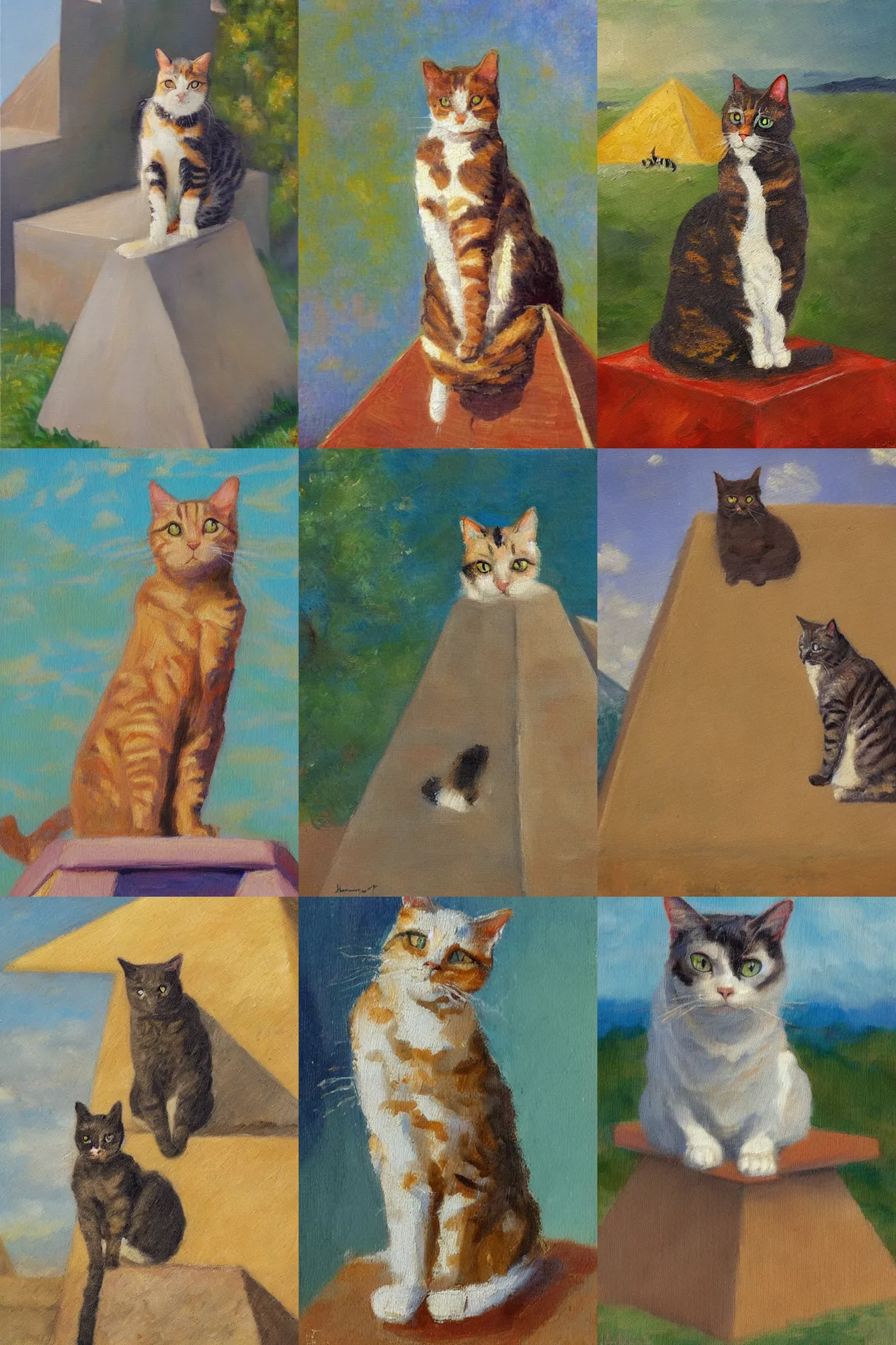 Prompt: An impressionist oil painting of a cat sitting on top of a pyramid