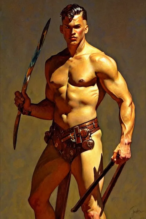 Prompt: warrior, attractive male, character design, painting by j. c. leyendecker, gaston bussiere, frank frazetta, tom of finland, trending on artstation