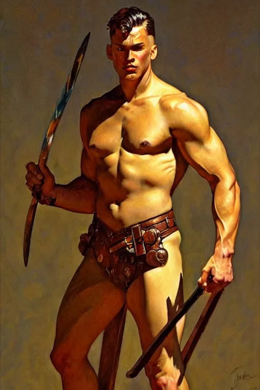 Image similar to warrior, attractive male, character design, painting by j. c. leyendecker, gaston bussiere, frank frazetta, tom of finland, trending on artstation