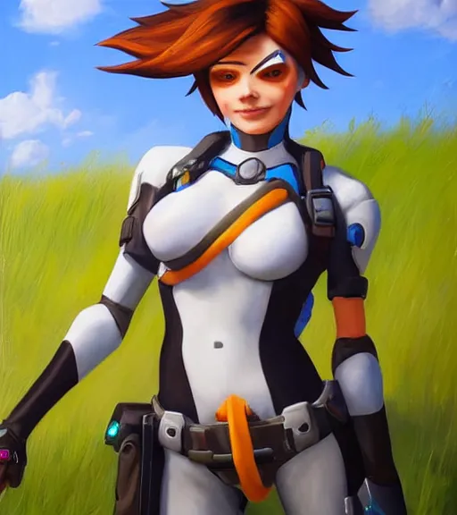 Prompt: oil painting of tracer from the game overwatch, standing in grassy field, smiling while the sun shines down, feminine face, light rays, radiant quality, 4 k, brush strokes,