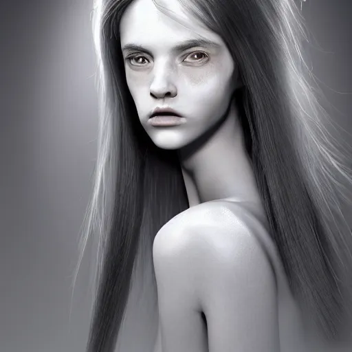 Image similar to A young beautiful female angelic-extraterrestrial-cyborg face with a very long neck, big clear eyes, thin nose, big lips, hair floating in the wind, Realistic, Refined, Digital Art, Pre-Raphaelite, Highly Detailed, Cinematic Lighting, rim light, black and white, high contrast, hyper real, photo-realistic Unreal Engine, 8K