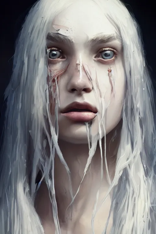 Image similar to a fancy portrait of a beautiful young teenage ripped girl with long white hair by greg rutkowski, sung choi, mitchell mohrhauser, maciej kuciara, johnson ting, maxim verehin, peter konig, bloodborne, 8 k photorealistic, cinematic lighting, hd, high details, dramatic, dark atmosphere, trending on artstation