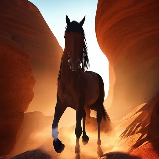 Image similar to spirit untaimed, brown horse from the movie next to a canyon riding in the sunset, movie poster, 8 k, trending on artstation, octane render, volumetric shadows
