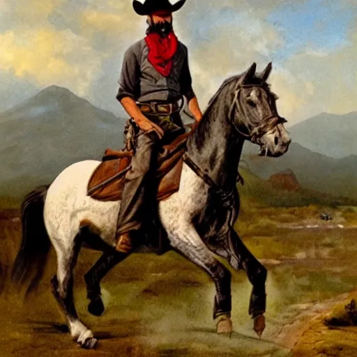 Prompt: an evil-cowboy-with-greying-beard on his horse at the Rio Grande in the style of Fredrick Remington