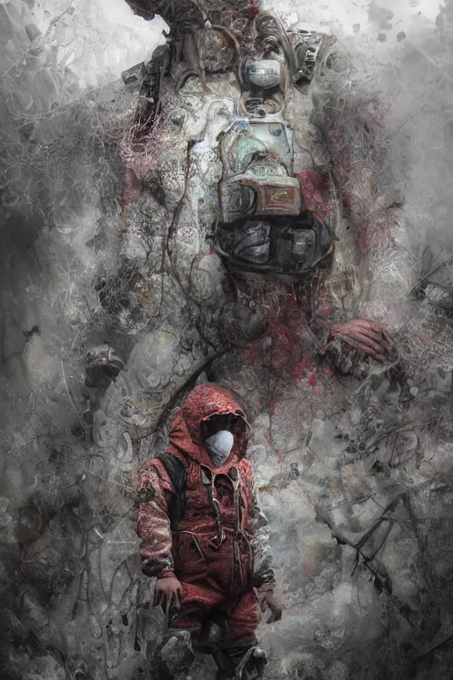 Image similar to the portrait of a man in a biohazard suit by mahmoud farshchian, mia brownell, very detailed, maximalism, ambient occlusion, volumetric light, atmospheric haze, hyper realism, realistic shading, cinematic composition, realistic render, photorealistic, wide shot
