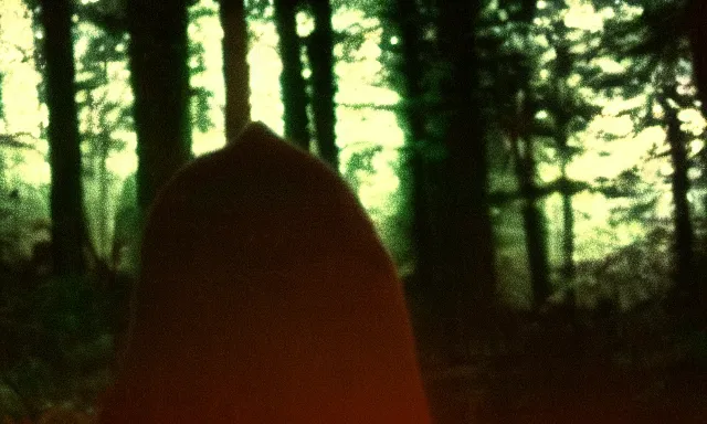 Image similar to creature far away looking at camera in forest at night, colorized 70s photo, out of focus, motion blur, cctv footage, horror movie, horror lighting, blair witch project, old photo