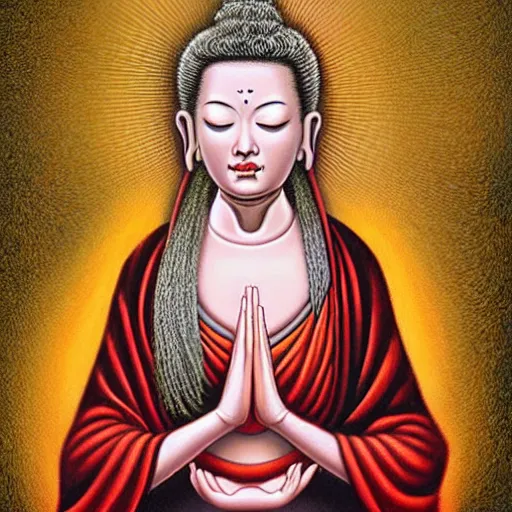 Image similar to contented female bodhisattva, praying meditating, portrait illustration by Jason Edmiston