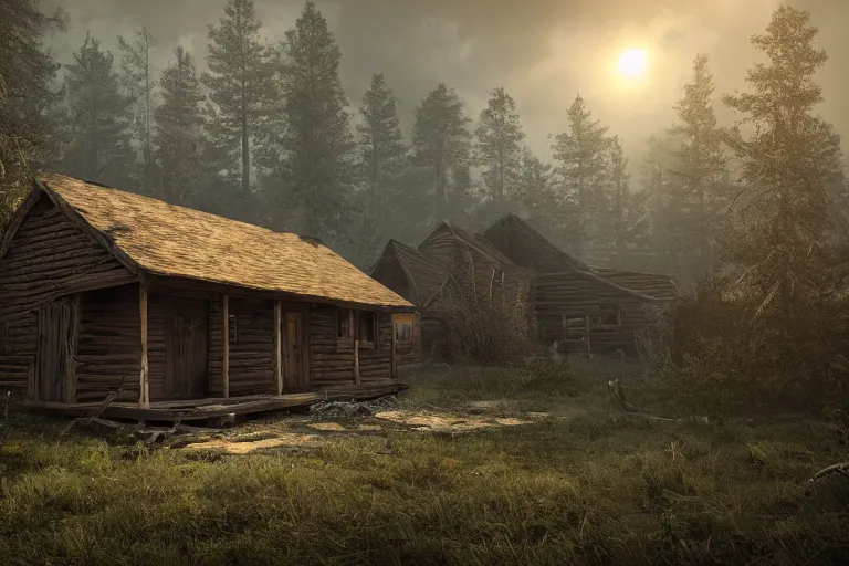 Image similar to cabin, from evil dead, very detailed, octane render, realistic, 8 k, unreal engine 5, dramatic, volumetric, dead trees, dusk, graves, greg rutkowski