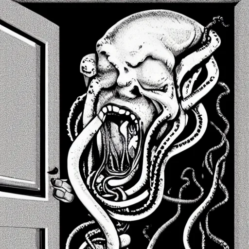 Prompt: a man scream at a door that leaked lots of tentacles