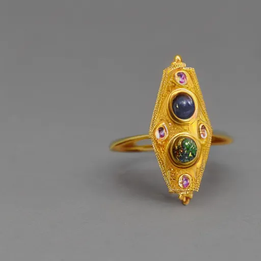 Image similar to complex golden ring with cameo and gems on the female model hand eith bust, 8k, details, architect plan