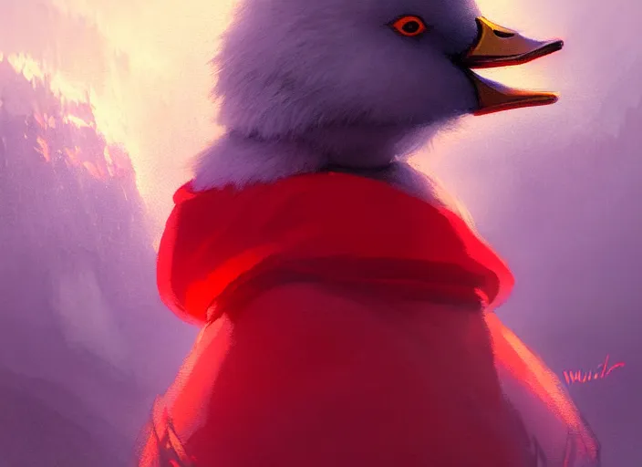 Image similar to cute fluffy mallard duck wearing red cultist robe, details, fantasy, epic, sacrificial altar, landscape illustration concept art anime key visual trending pixiv fanbox by wlop and greg rutkowski and makoto shinkai and studio ghibli and kyoto animation symmetrical facial features