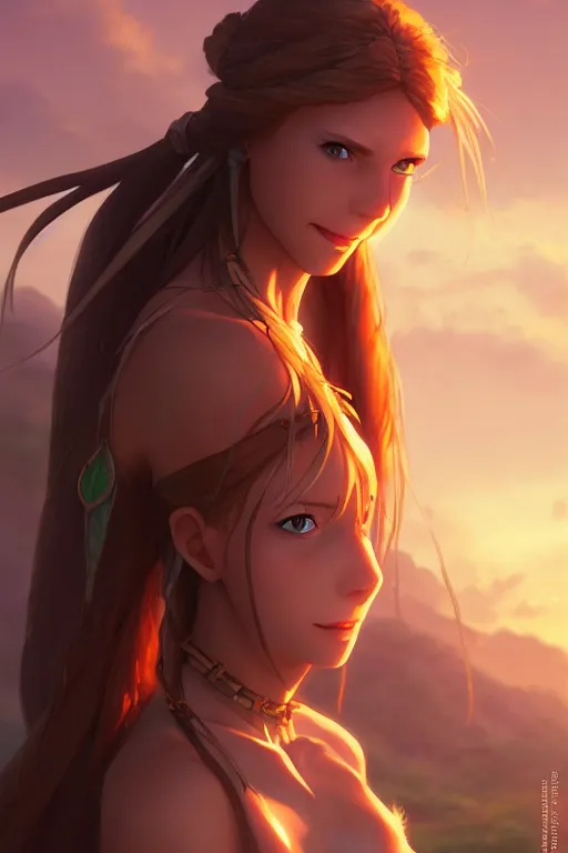 Prompt: long ginger hair, tanned woman in a prehistoric outfit, green eyes, fang necklace, by artgerm, hair tied in a ponytail, white backdrop, soft lighting, night time, by greg rutkowski makoto shinkai takashi takeuchi