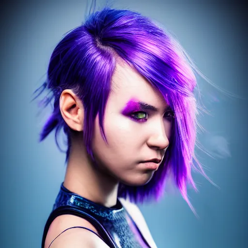 Image similar to a stunning high shutter speed action upper body portrait of a beautiful woman with a ombre purple pink hairstyle with hair flying wearing futuristic navy blue and teal battle bodyarmor and pauldrons by marvel comics, outrun, vaporware, action photography, highly detailed, fine detail, intricate, digital art, trending on artstation