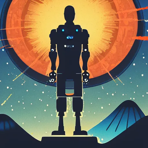 Image similar to detailed comic style illustration of robotic cyborg christ the redeemer statue, in front of a nuclear explosion, cyberpunk, retro-futurist, dark