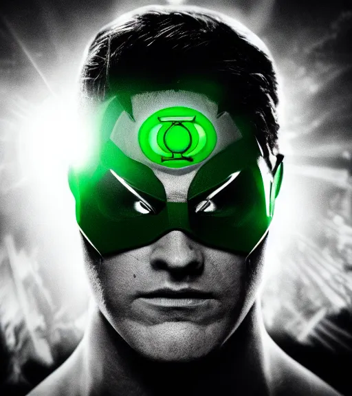 Prompt: green lantern in pain and anger deep dark backlit night technoir cinematic monochromatic portrait photo by Leica Zeiss using force in detailed depth of field lens flare mcu style trending on artstation Flickr realistic hd by Kubrick and lucas