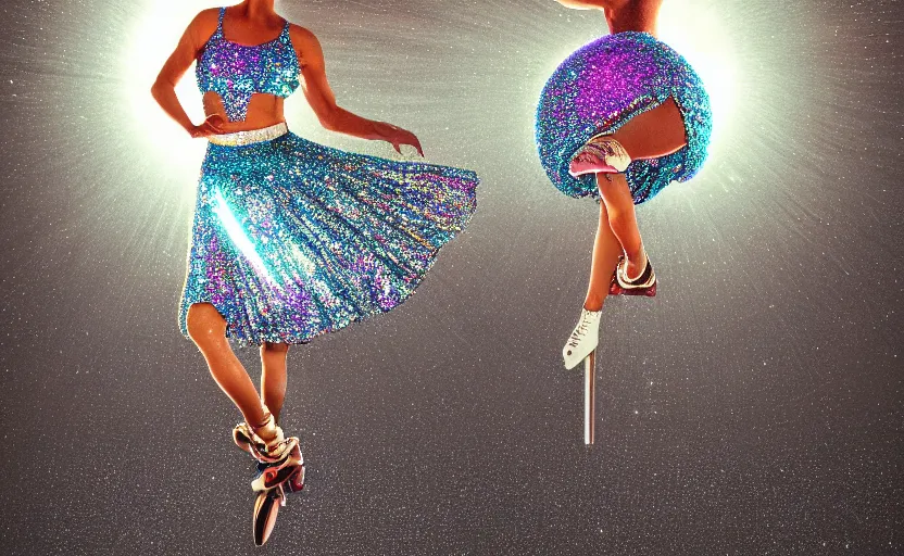 Image similar to Ultradetailed, hyperrealistic, a vintage roller skating diva wearing a disco ball skirt mirror tanktop with a disco ball head, by Vladimir kush, by josib csoor, by Laurie Lipton, rendered in octane, volumetric lighting, retro color scheme, trending on artstation -20