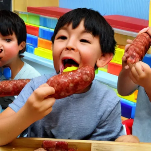 Prompt: kids trying to eat a sausage monster inside an kindergarten