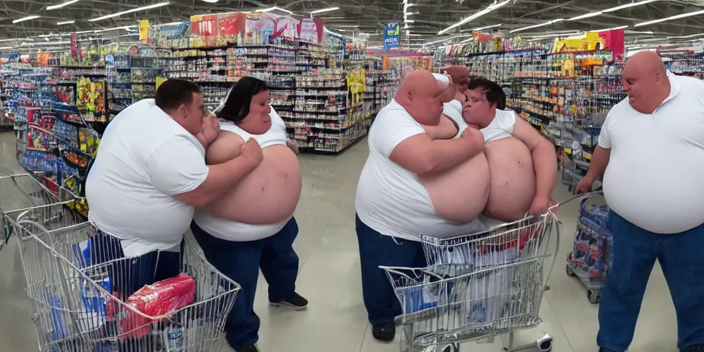 Prompt: three obese american coneheads fighting at wal - mart, detailed facial features