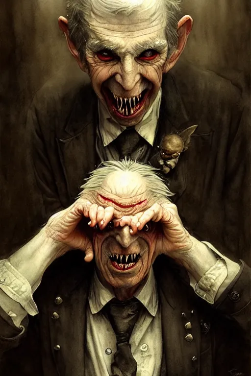 Prompt: old male vampire | esoteric symbolism | jean - baptiste monge, esao andrews, bastien lecouffe - deharme, tim jacobus, ken currie | ultra - detailed realism, soft cinematic lighting, hi - fructose, artstation, high - quality, ink watercolors wes anderson poster art