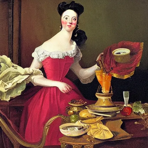 Image similar to by william hogarth graceful, opulent. in this performance art, the artist has used a photo - realist style to depict a can of soup. the can is placed on a plain background, & the artist has used bright, primary colors to create a striking image. the performance art is both realistic & abstract