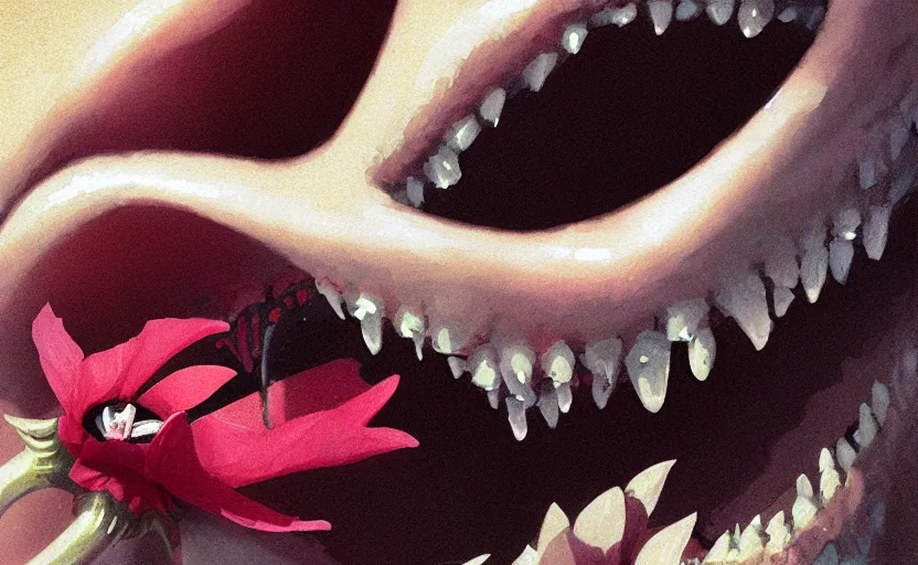 Prompt: close up of a beautiful flower with a mouth with teeth in the middle by Greg rutkowski