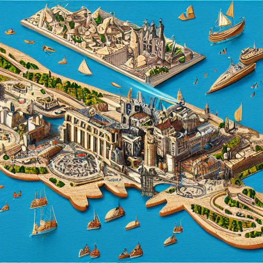 Image similar to French renaissance inspired steampunk coastal city, axonometric exploded view, high detail, 8k, photorealistic