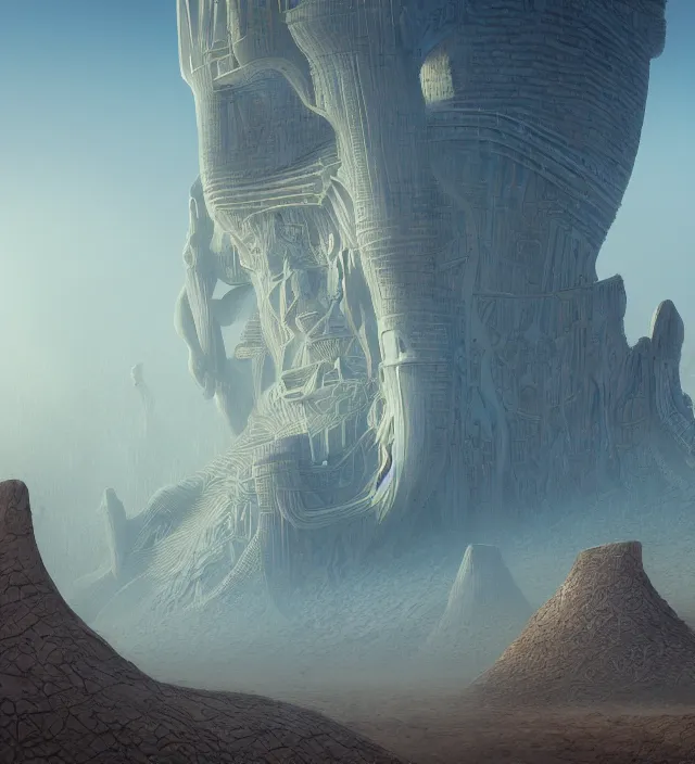 Image similar to an anthropomorphic beautiful giant futuristic lost temple made of dust in a desert, blue crazy river, fine art, award winning, intricate, elegant, sharp focus, octane render, hyperrealistic, cinematic lighting, highly detailed, digital painting, 8 k concept art, art by jamie hewlett and z. w. gu, masterpiece, trending on artstation, 8 k