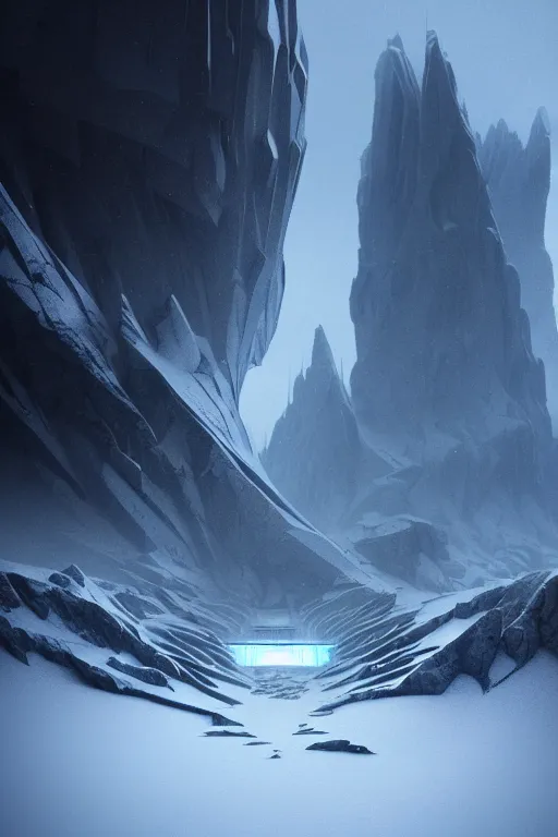 Image similar to futuristic atmosphere in the snowy mountains dolomites 3 d concept art, cinematic lighting, rule of thirds, depth of field, intricate details, building by zaha hadid, stormy weather, emissary space by arthur haas and bruce pennington and john schoenherr, cinematic matte painting, dark moody colors, trending on artstation, featured on behance