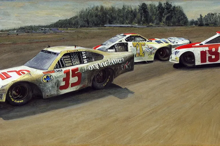 Image similar to nascar race, painting by andrew wyeth, very detailed, high quality,