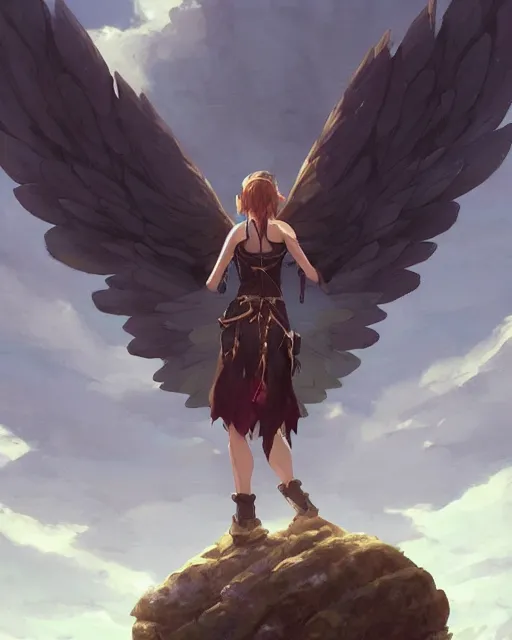 Image similar to a female anthropomorphic eagle warrior standing heroically on a rock. trees. She has two wings at her back. Atmospheric lighting, By Makoto Shinkai, Stanley Artgerm Lau, WLOP, Rossdraws, James Jean, Andrei Riabovitchev, Marc Simonetti, krenz cushart, Sakimichan, D&D trending on ArtStation, digital art.