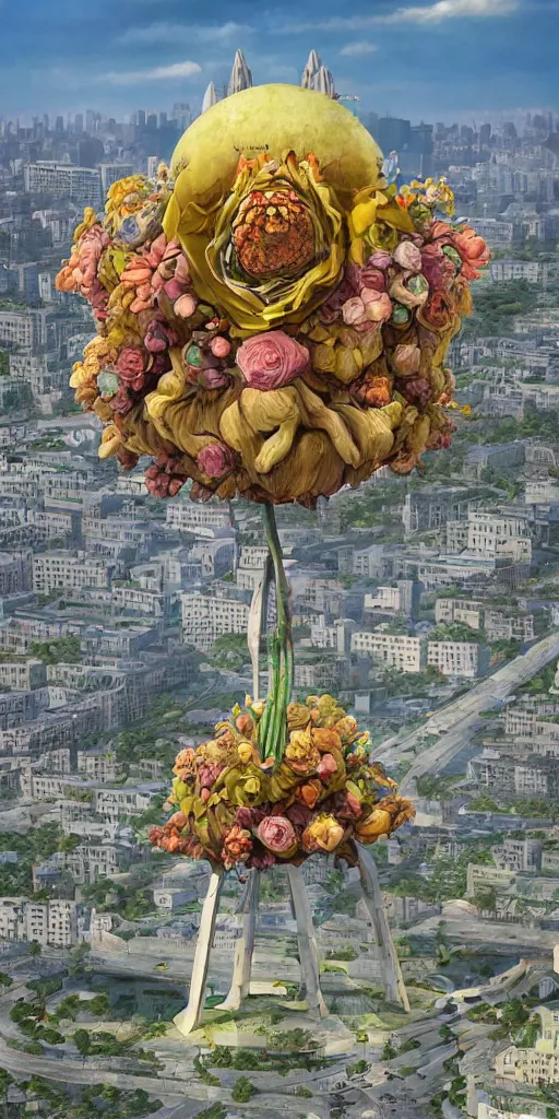 Prompt: giant grotesque flower in the middle of abandoned post soviet constructivist cityscape, Stalinist architecture, ultradetailed by Hayao Miyazaki and Josan Gonzalez and Makoto Shinkai and Giuseppe Arcimboldo