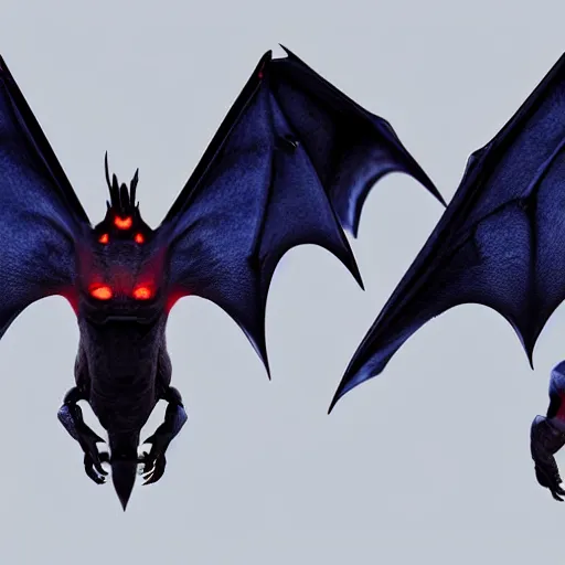 Image similar to front and back character view of scary giant mutant dark blue humanoid bat, glowing red eyes flying above a stormy ocean, sharp teeth, acid leaking from mouth, realistic, giant, bat ears, bat nose, bat claws, bat wings, furred, covered in soft fur, detailed, trending on artstation clean concept art and sheet that using unreal engine 5 render and hyper detailed 3D texture with cinematic software light 85mm f/1.4