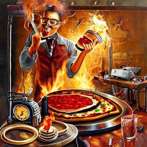 Image similar to mad scientist cooking pizza with a blowtorch, steampunk painting