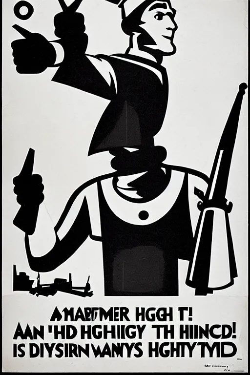 Prompt: fictional propaganda poster showing a man pointing to the left with artillery behind him, highly stylized, high contrast, limited palette, 1 9 2 0 s