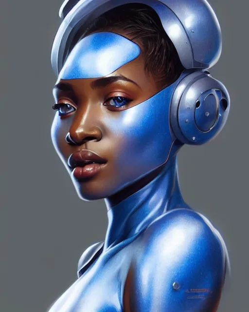 Image similar to Portrait of very very very very very very beautiful nigerian woman, spacesuit, blue eyes, real life skin, intricate, elegant, highly detailed, artstation, concept art, smooth, sharp focus, art by artgerm and greg rutkowski and alphonse mucha