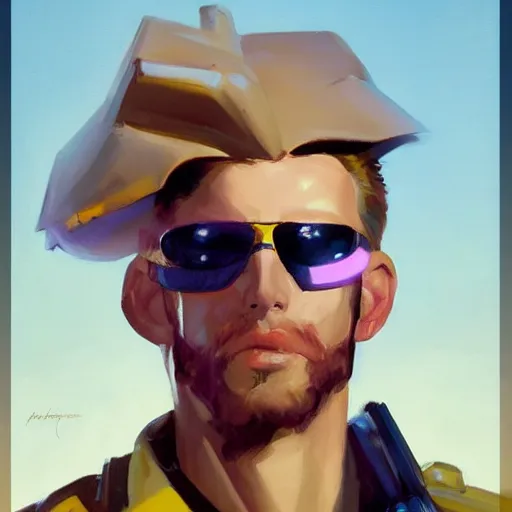 Image similar to greg manchess portrait painting of alex murphy as overwatch character, 8 0 ies aesthetic, medium shot, asymmetrical, profile picture, organic painting, sunny day, matte painting, bold shapes, hard edges, street art, trending on artstation, by huang guangjian and gil elvgren and sachin teng