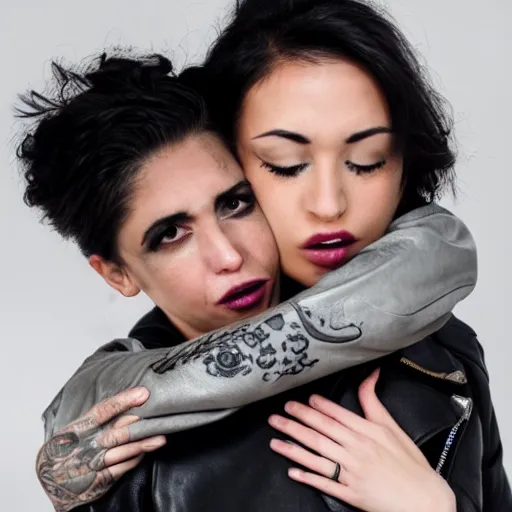 Image similar to Hot young woman, grey skin, void eyeballs, tattoos, wearing a leather jacket, hugging a shrouded person as they cry on her chest