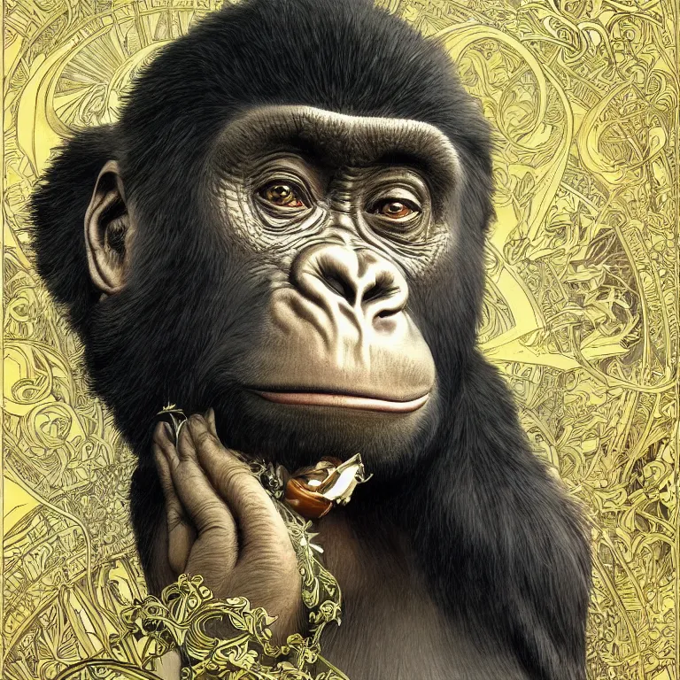 Image similar to a highly detailed Art Nouveau character portrait of a serious gorilla wearing a tailored business suit, intricate, wild, digital painting, artstation, concept art, smooth, sharp focus, illustration, art by artgerm and greg rutkowski and alphonse mucha