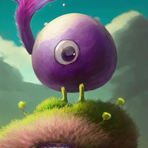 Prompt: a cute beautiful plant type pokemon with happy cute smile, purple feathers grow out of his hair, full body portrait, highly detailed digital art, 3 d perspective, award - winning illustration, aesthetic, smooth, pokemon style, made by greg rutkowski, with an alien landscape in the background