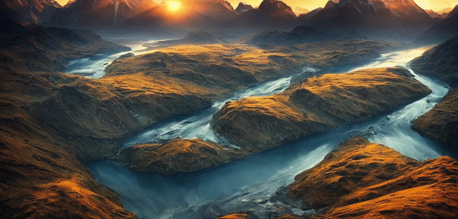 Prompt: amazing landscape photo of mountains with river in sunset by max rive, beautiful dramatic lighting