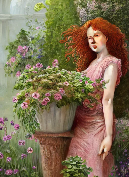 Prompt: curly redhead gardener wearing a giant flower pot as outfit physically accurate, moody dynamic lighting, very very intricate, very very elegant, highly detailed, digital painting, artstation, HR GIGER, Hieronymus Bosch, Francis Bacon, concept art, smooth, very beautiful, sharp focus, illustration, art by artgerm and greg rutkowski and alphonse mucha